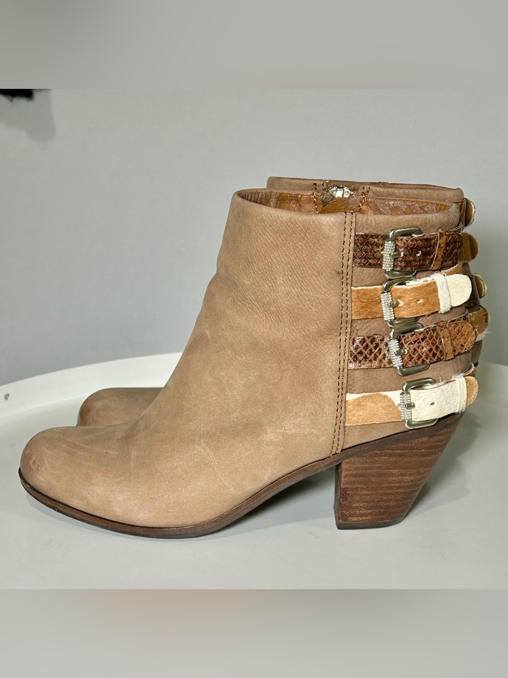 Sam Edelman Taupe Leather Triple Buckle Ankle Boots | 6.5